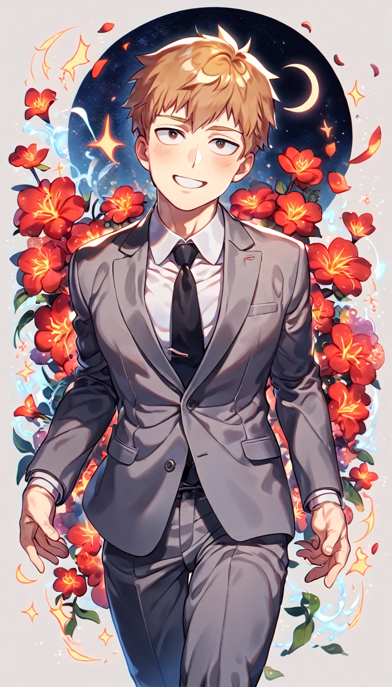 absurdres, highres, ultra detailed, HDR, master piece, Reigen Arataka, reddish-blond hair, short hair, expressive dark brown eyes, dark grey business suit, black necktie, mob Psycho 100, sexy man, dark grey pants, handsome, best quality, red glittering crescent moon, red flowers, fantasy, magical, solo, water, red shining fireflies, red petals, sensual, horny, handsome smile,