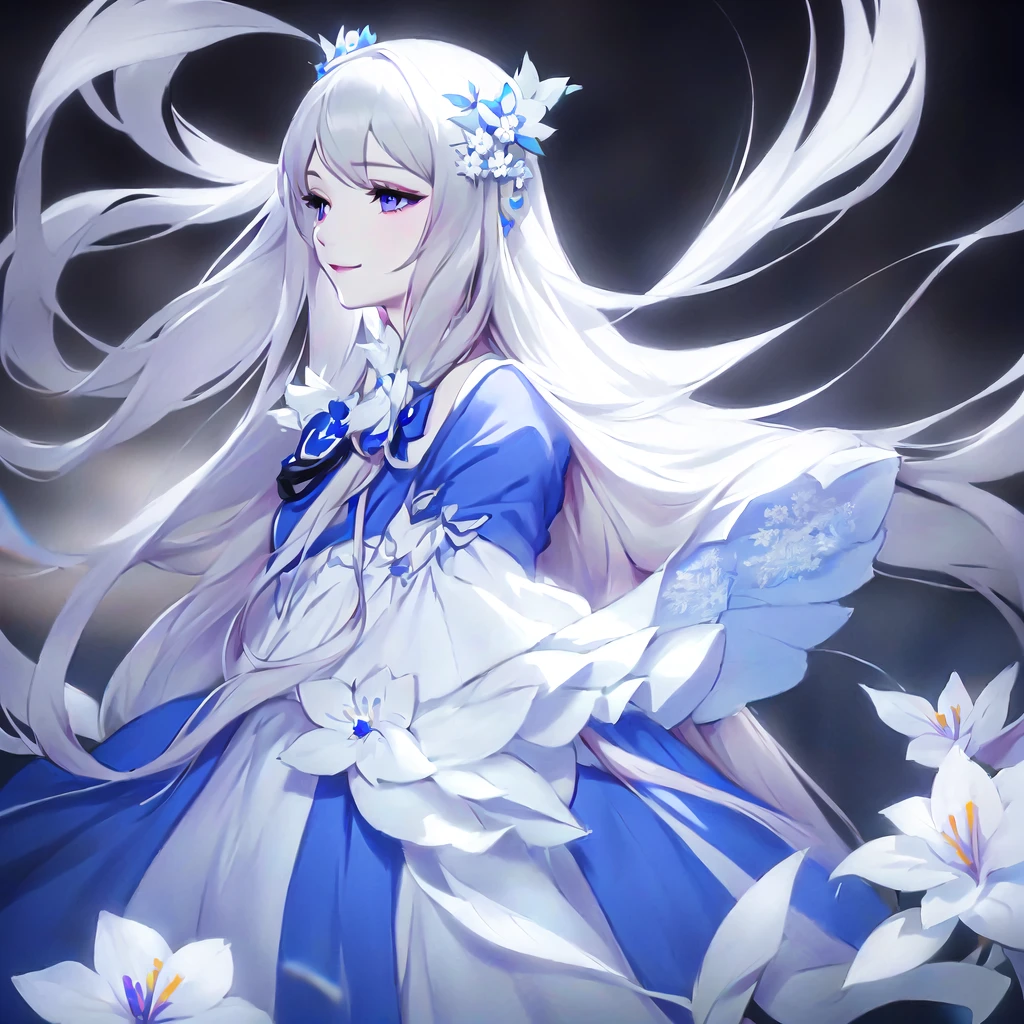 Anime girl with long white hair and blue dress with white flowers, violet eyes, smile., detailed fanart, [ Artedigital 4K ]!!, highly detailed exquisite fanart, Digital art on Pixiv, detailed digital animated art, 8K high quality detailed art, digital animated art, guweiz style artwork, made with anime painter studio, ! dream art germ, fanart best art station