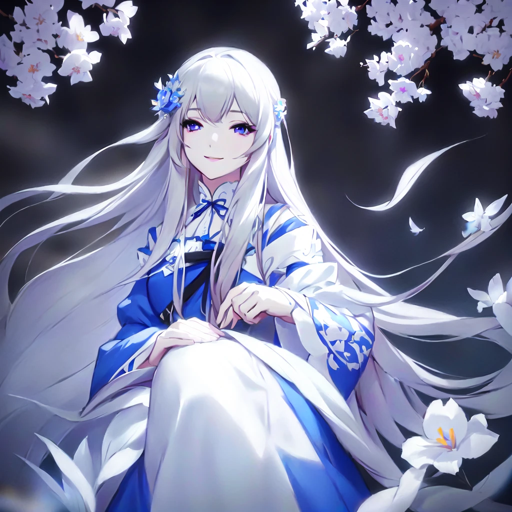 Anime girl with long white hair and blue dress with white flowers, violet eyes, smile., detailed fanart, [ Artedigital 4K ]!!, highly detailed exquisite fanart, Digital art on Pixiv, detailed digital animated art, 8K high quality detailed art, digital animated art, guweiz style artwork, made with anime painter studio, ! dream art germ, fanart best art station