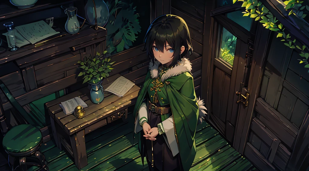 yuichiro hyakuya girl, (WithoutFear:1), 1 girl, black hair, green eyes, brown coat, gray armor, elves, sylvan, green shield, green cloak, dark brown gloves, forest, white fur trim, anime, standing, good quality, portrait, looking at viewer