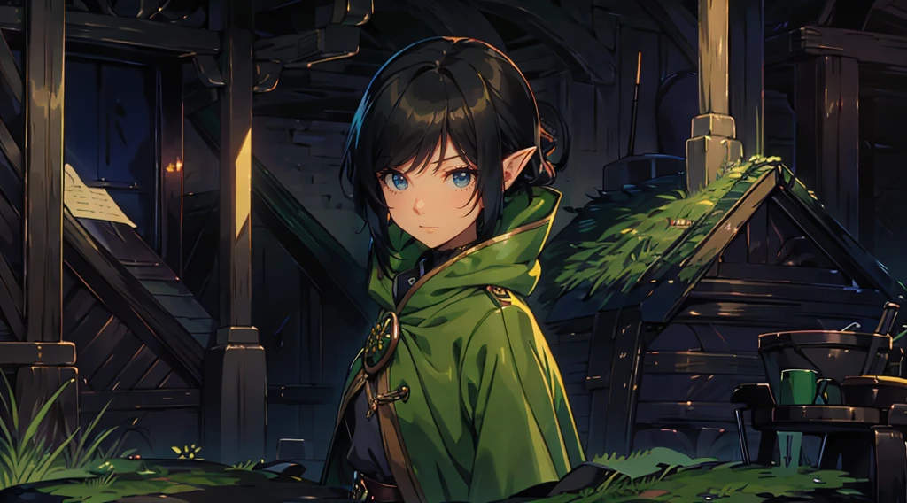 yuichiro hyakuya girl, (WithoutFear:1), 1 girl, black hair, green eyes, brown coat, gray armor, elves, sylvan, green shield, green cloak, dark brown gloves, forest, white fur trim, anime, standing, good quality, portrait, looking at viewer
