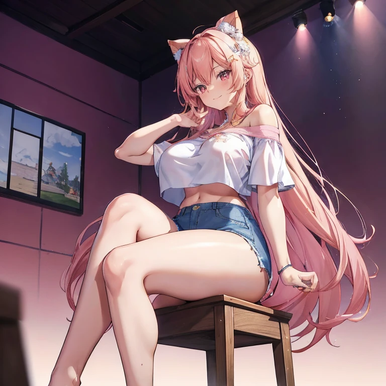 Anime Kawaii sexy Perfect Slim sensual body large breast and huge thighs, An intricate and highly detailed illustration of anime (Young girl) 一个女人sitting on a stool露出她臭脚的low angle，sitting on a stool，low angle，正面，bare feet，focus on feet，Pink off-shoulder t-shirt，There are bangs between the eyes，long hair，chestnut hair，shorts jeans，anatomically correcte, There is a huge yellow five-pointed star clip in her hair，pink eyes，eyes for details，pretentious smile，look at the audience，point-blank，wide angle lens，perspective drawing, two feet，simetria bilateral