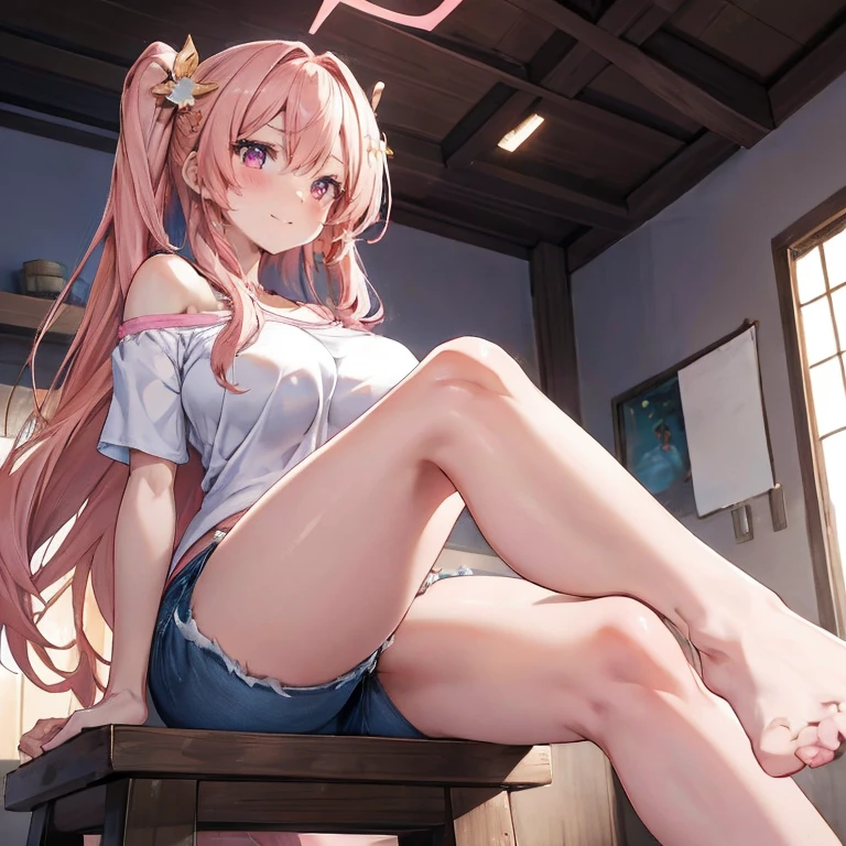 Anime Kawaii sexy Perfect Slim sensual body large breast and huge thighs, An intricate and highly detailed illustration of anime (Young girl) 一个女人sitting on a stool露出她臭脚的low angle，sitting on a stool，low angle，正面，bare feet，focus on feet，Pink off-shoulder t-shirt，There are bangs between the eyes，long hair，chestnut hair，shorts jeans，anatomically correcte, There is a huge yellow five-pointed star clip in her hair，pink eyes，eyes for details，pretentious smile，look at the audience，point-blank，wide angle lens，perspective drawing, two feet，simetria bilateral