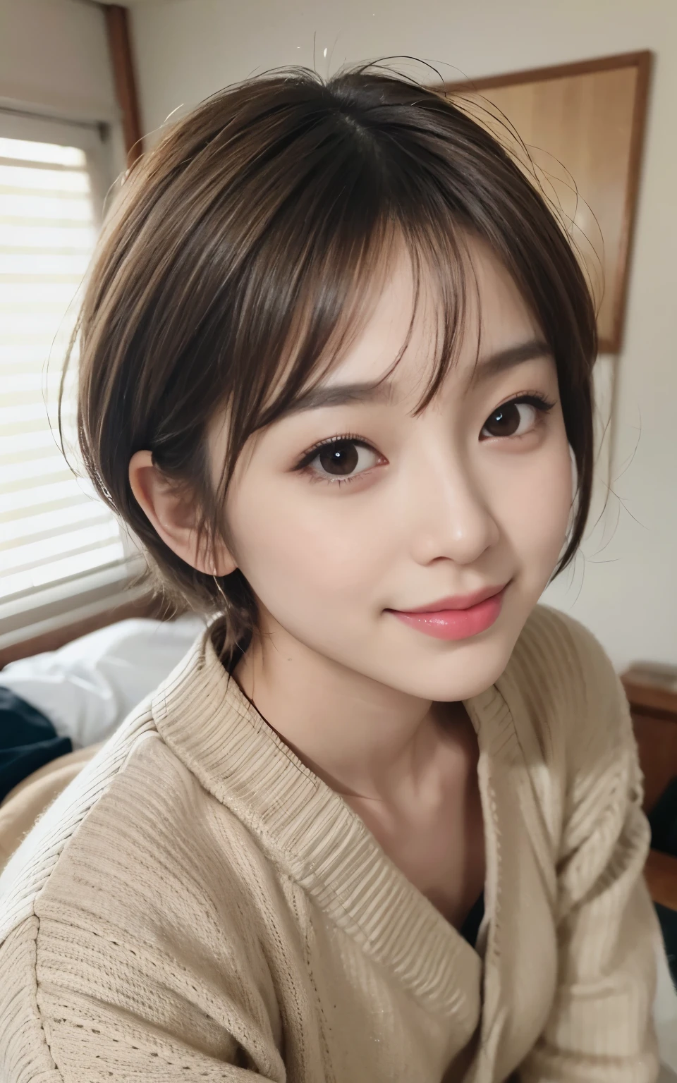 cute 21 year old japanese、on the bed、Cute autumn clothes、super detail face、pay attention to details、double eyelid、beautiful thin nose、sharp focus:1.2、Beautiful woman:1.4、(light brown hair,short cut hair, white skin、highest quality、masterpiece、ultra high resolution、(Photoreal:1.4)、nice smile