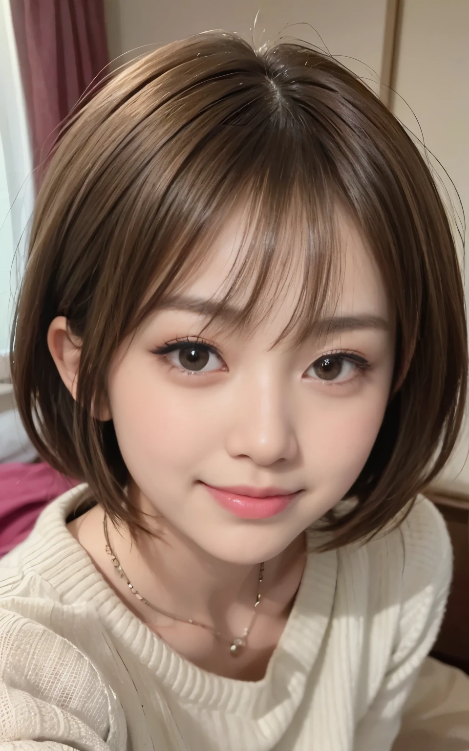 cute 21 year old japanese、on the bed、Cute autumn clothes、super detail face、pay attention to details、double eyelid、beautiful thin nose、sharp focus:1.2、Beautiful woman:1.4、(light brown hair,short cut hair, white skin、highest quality、masterpiece、ultra high resolution、(Photoreal:1.4)、nice smile