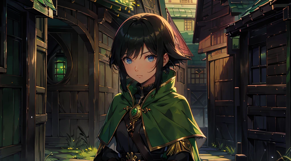 yuichiro hyakuya girl, (WithoutFear:1), 1 girl, black hair, green eyes, brown coat, gray armor, elves, sylvan, green shield, green cloak, dark brown gloves, forest, white fur trim, anime, standing, good quality, portrait, looking at viewer