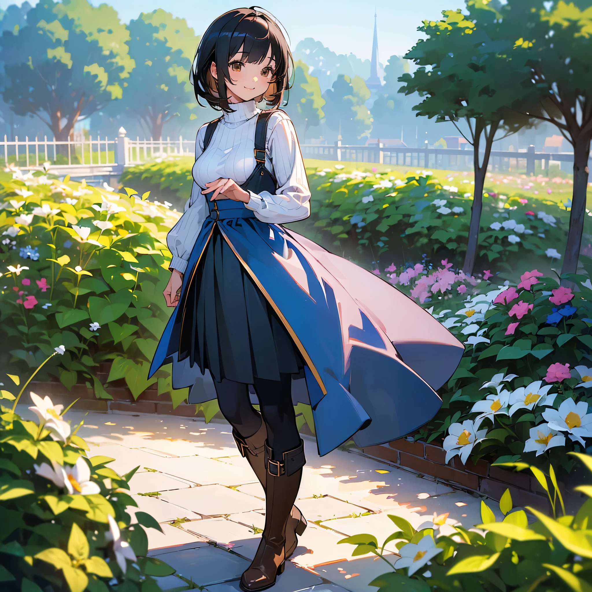 (high quality, High resolution, Very detailed, reality:1.37), Peaceful atmosphere, (Outdoor, garden), age girl standing alone, (my breasts are big.), Beautiful details, Cute Smile, (Black bob hair), Ribbed sweater, Blue Skirt, Black tights, Brown boots.