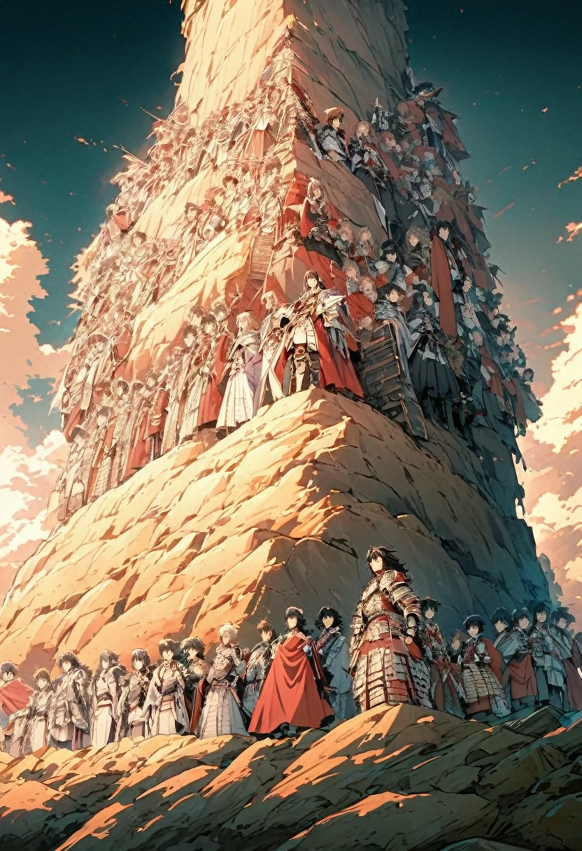 Wearing white Japanese armor with red capes, a group of seven members, the one in the center being a woman, observe the sky from the top of the cliff and below it a feudal Japanese kingdom