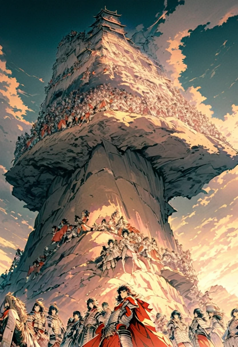 Wearing white Japanese armor with red capes, a group of seven members, the one in the center being a woman, observe the sky from the top of the cliff and below it a feudal Japanese kingdom 
