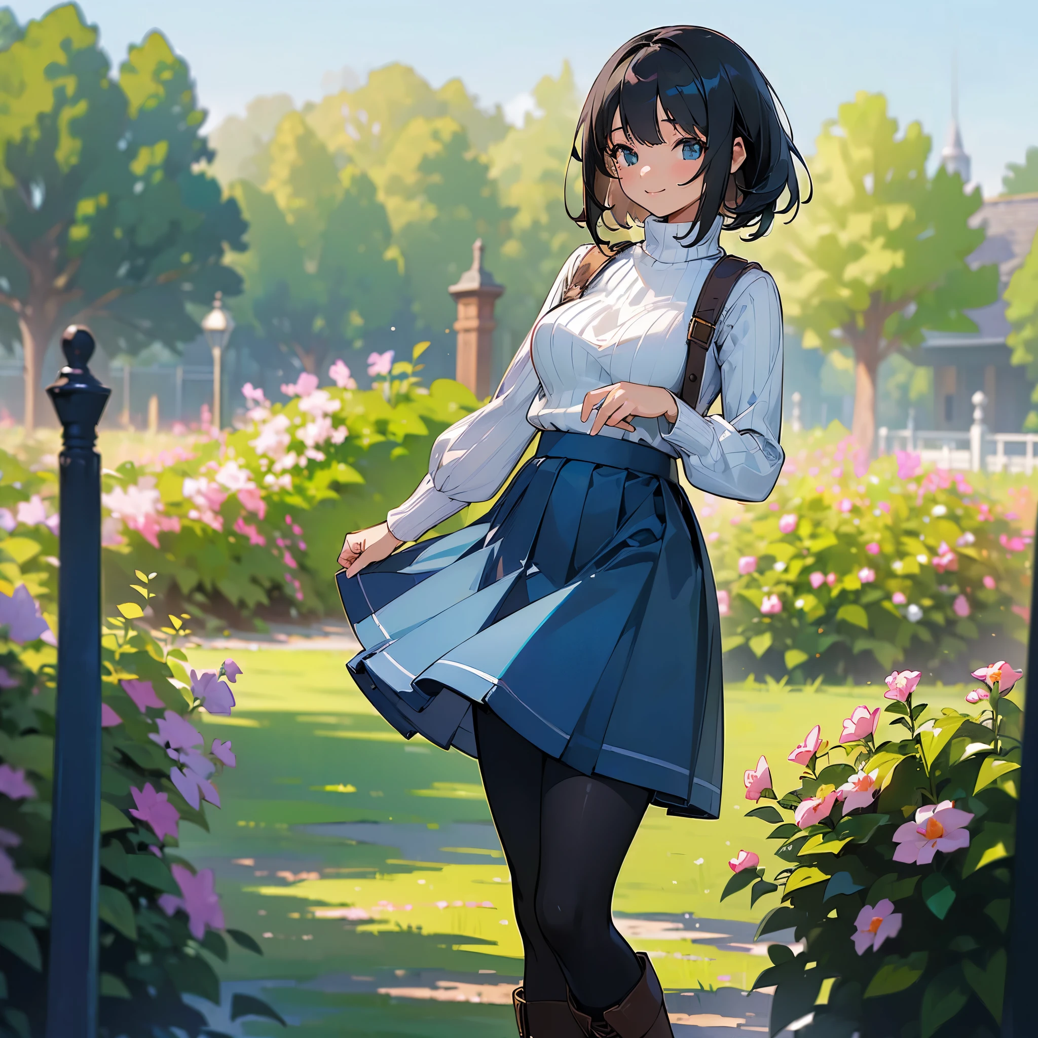 (high quality, High resolution, Very detailed, reality:1.37), Peaceful atmosphere, (Outdoor, garden), age girl standing alone, (my brea big.), Beautiful details, Cute Smile, (Black bob hair), Ribbed sweater, Blue Skirt, Black tights, Brown boots.