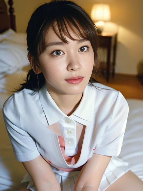 (Masterpiece, Best quality: 1.4), (Ultra realistic, Photo-realistic: 1.2), From above, From side, Sitting, Looking at viewer, Natural light, 28 years old actress, Japanese women, Neat and clean, ((Wearing white tennis uniform, White short-sleeve polo shirt with collar, Not buttoning the polo shirt, White pleated tennis skirt: 1.3)), (Wearing white sock: 1.2), (Ponytail: 1.2), (Beautiful face), Oval face, clear, Beautiful eyes, Kind eyes, Clear skin, Small face, Beautiful mouth, Small mouth, Natural makeup, Approachable, Seductive smile, (Seductive pose: 1.4), (Beautiful thighs: 1.2), (Bedroom eyes: 1.1), Embarrassed, Blush, Luxury hotel Suite room, On bed,