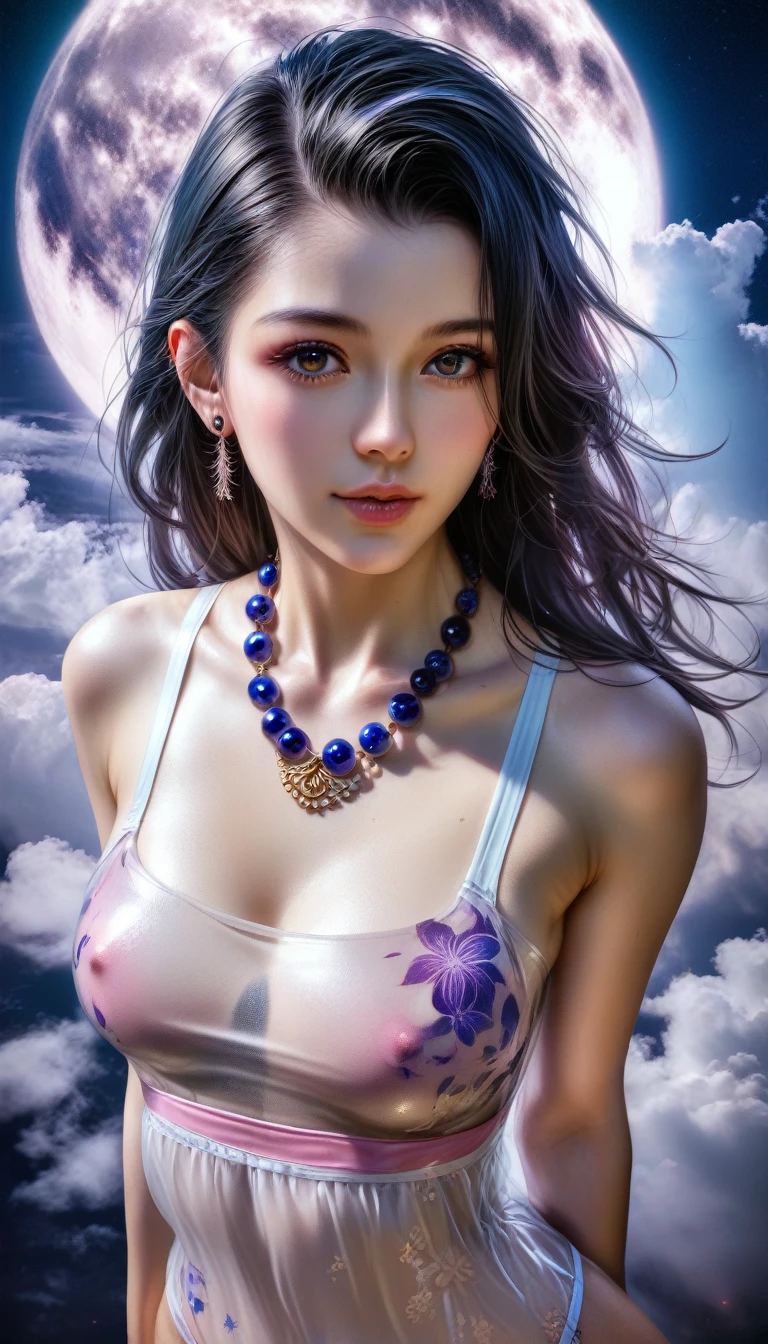 score_9, score_8_superior, score_7_superior, A masterpiece in 32K resolution,Highest quality,it is really amazing,Very detailed,Ultra-high resolution,(Ultra-realistic:1.5),(Realistic:1.5),Increased depth of field,Cinematic lighting,
(Sexy adult Japan woman:1.4),
Long black hair,Ultra-detailed and beautiful face,(Gentle expression:1.1),Translucent white skin,(Realistic skin texture:1.1),
(Sexy Swimwear:1.1),
Bold design,Artistic design,Beautiful and detailed pattern,Detailed fabric texture,
Gorgeous necklace,Earrings,
Coastline at night,(Giant Moon:1.1),(Dark clouds floating in the dark night sky:1.1),
High angle,