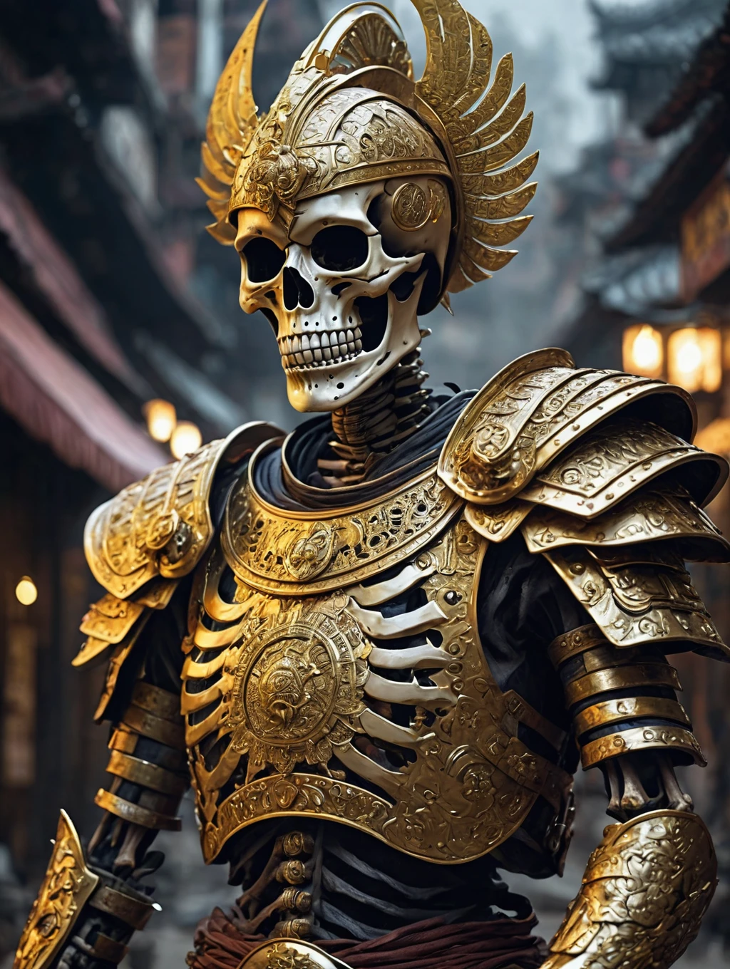 Depicts a skeleton warrior wearing a golden Myanmar worries suit、Create ultra-detailed 4K resolution digital artwork。. The artwork is、We need to paint a portrait of the determined faces of warriors at street level.。. Lighting should be dynamic, Highlight the intricate details of your character. The overall style is、It should resemble a splash art with three colors and deep tones。. The artwork should have a calm, picture-book feel.. Warriors shouldn't cut their hair. Please recommend the best camera model and lens to photograph the artwork..