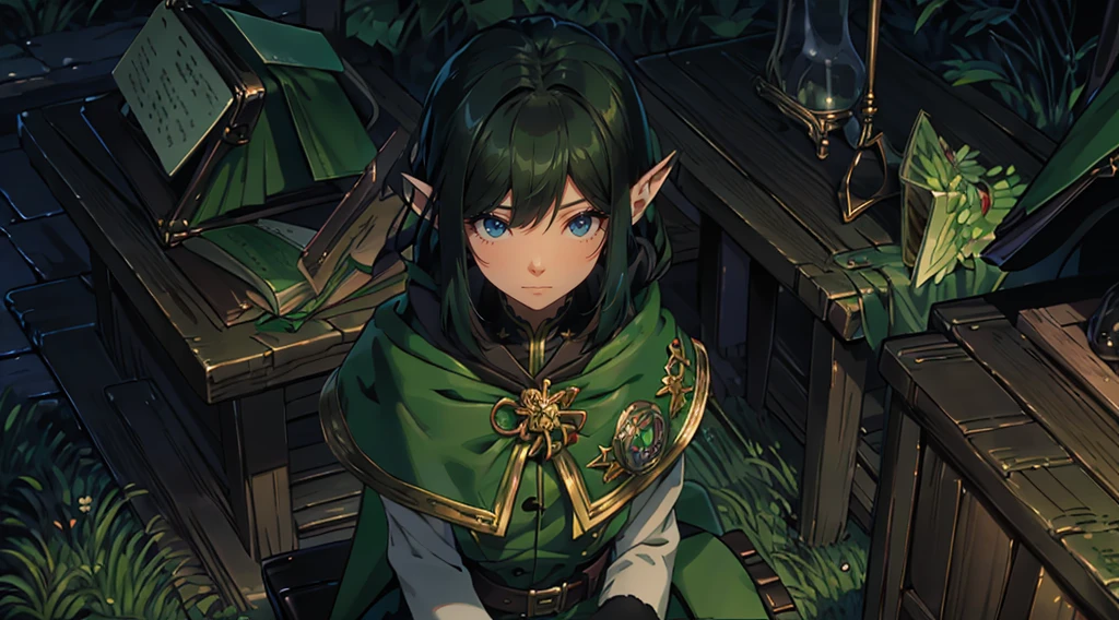 yuichiro hyakuya girl, (WithoutFear:1), 1 girl, black hair, green eyes, brown coat, gray armor, elves, sylvan, green shield, green cloak, dark brown gloves, forest, white fur trim, anime, standing, good quality, portrait, looking at viewer