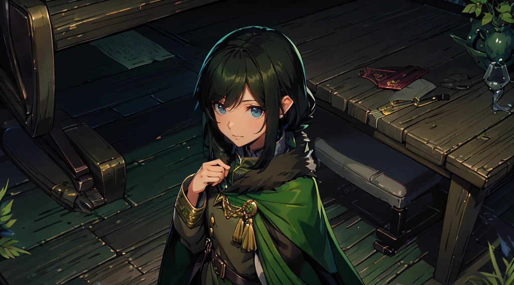 yuichiro hyakuya girl, (WithoutFear:1), 1 girl, black hair, green eyes, brown coat, gray armor, elves, sylvan, green shield, green cloak, dark brown gloves, forest, white fur trim, anime, standing, good quality, portrait, looking at viewer