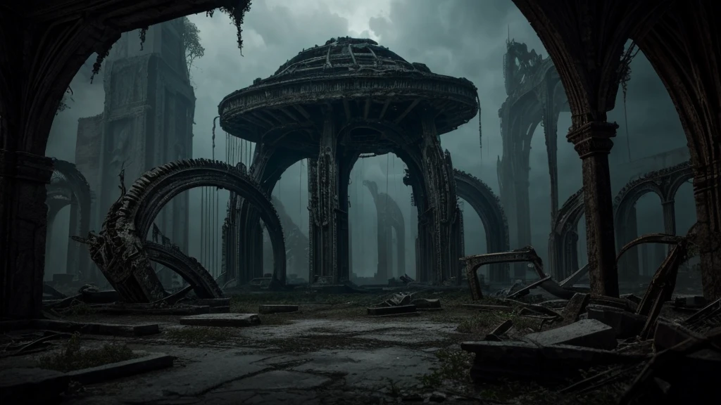 text: "RUINS OF THE ANCIENT WORLD" centered, biomechanical typography, H. R. Giger style, decaying alien architecture, cybernetic remnants fused with ancient structures, skeletal forms of extinct civilizations, organic machinery overgrown with biomechanical tendrils, monochromatic palette, high contrast, otherworldly textures, airbrushed details, eerie atmosphere, unsettling imagery, baroque complexity, techno-organic fusion, hyper-detailed, octane rendering, 16k resolution, cinematic lighting, deep shadows