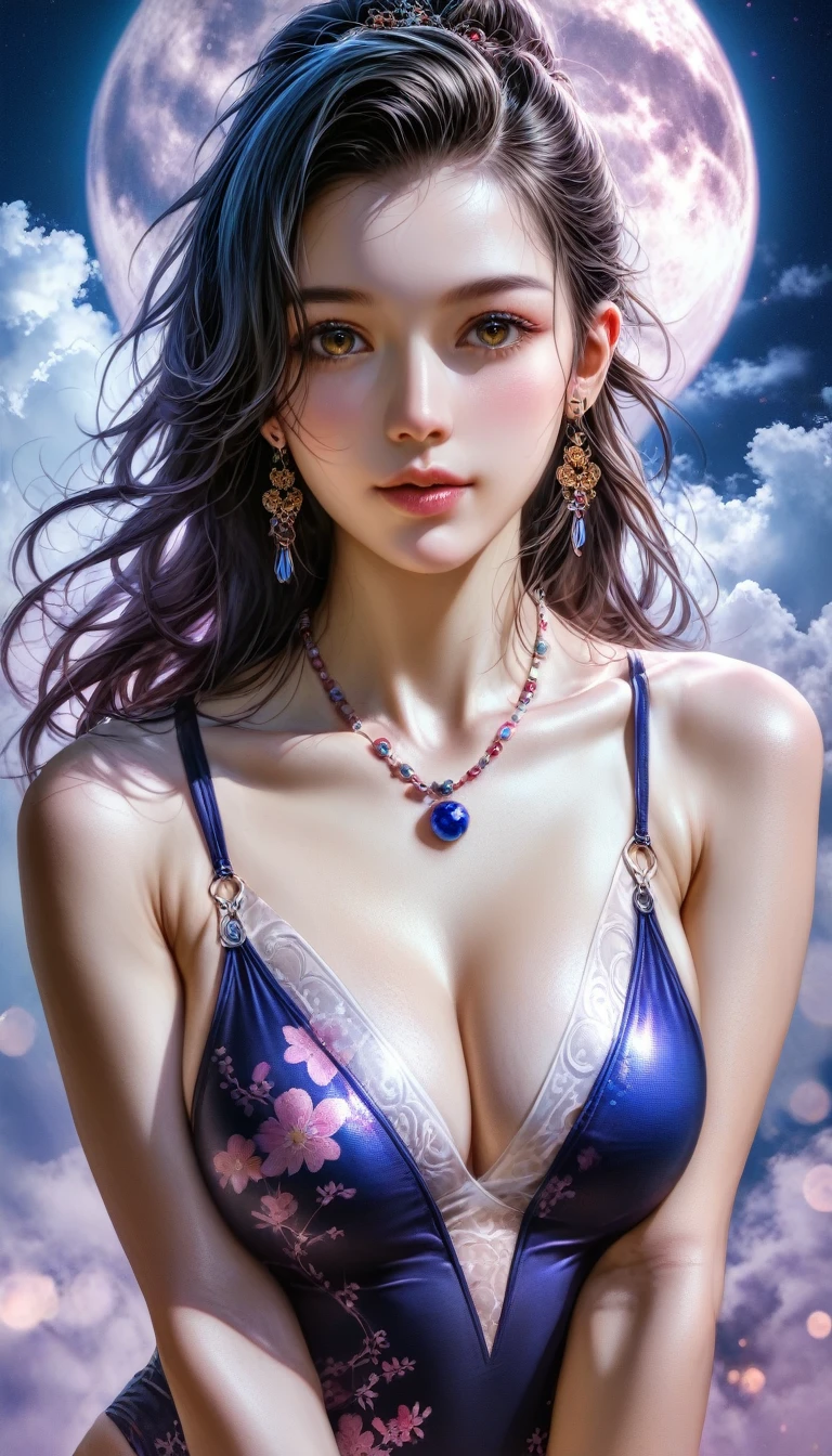 score_9, score_8_superior, score_7_superior, A masterpiece in 32K resolution,Highest quality,it is really amazing,Very detailed,Ultra-high resolution,(Ultra-realistic:1.5),(Realistic:1.5),Increased depth of field,Cinematic lighting,
(Sexy adult Japan woman:1.4),
Long black hair,Ultra-detailed and beautiful face,(Gentle expression:1.1),Translucent white skin,(Realistic skin texture:1.1),
(Sexy Swimwear:1.1),
Bold design,Artistic design,Beautiful and detailed pattern,Detailed fabric texture,
Gorgeous necklace,Earrings,
Coastline at night,(Giant Moon:1.1),(Dark clouds floating in the dark night sky:1.1),
High angle,