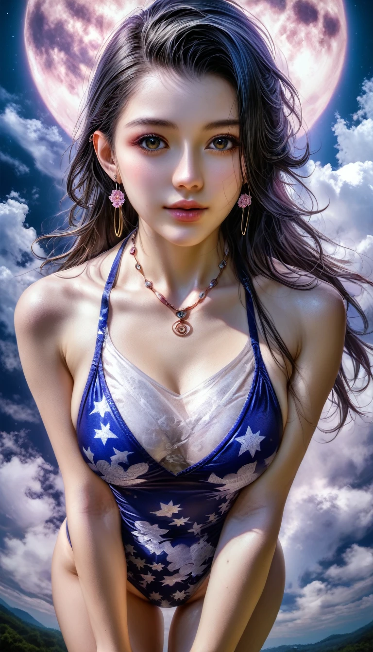 score_9, score_8_superior, score_7_superior, A masterpiece in 32K resolution,Highest quality,it is really amazing,Very detailed,Ultra-high resolution,(Ultra-realistic:1.5),(Realistic:1.5),Increased depth of field,Cinematic lighting,
(Sexy adult Japan woman:1.4),
Long black hair,Ultra-detailed and beautiful face,(Gentle expression:1.1),Translucent white skin,(Realistic skin texture:1.1),
(Sexy Swimwear:1.1),
Bold design,Artistic design,Beautiful and detailed pattern,Detailed fabric texture,
Gorgeous necklace,Earrings,
Coastline at night,(Giant Moon:1.1),(Dark clouds floating in the dark night sky:1.1),
High angle,