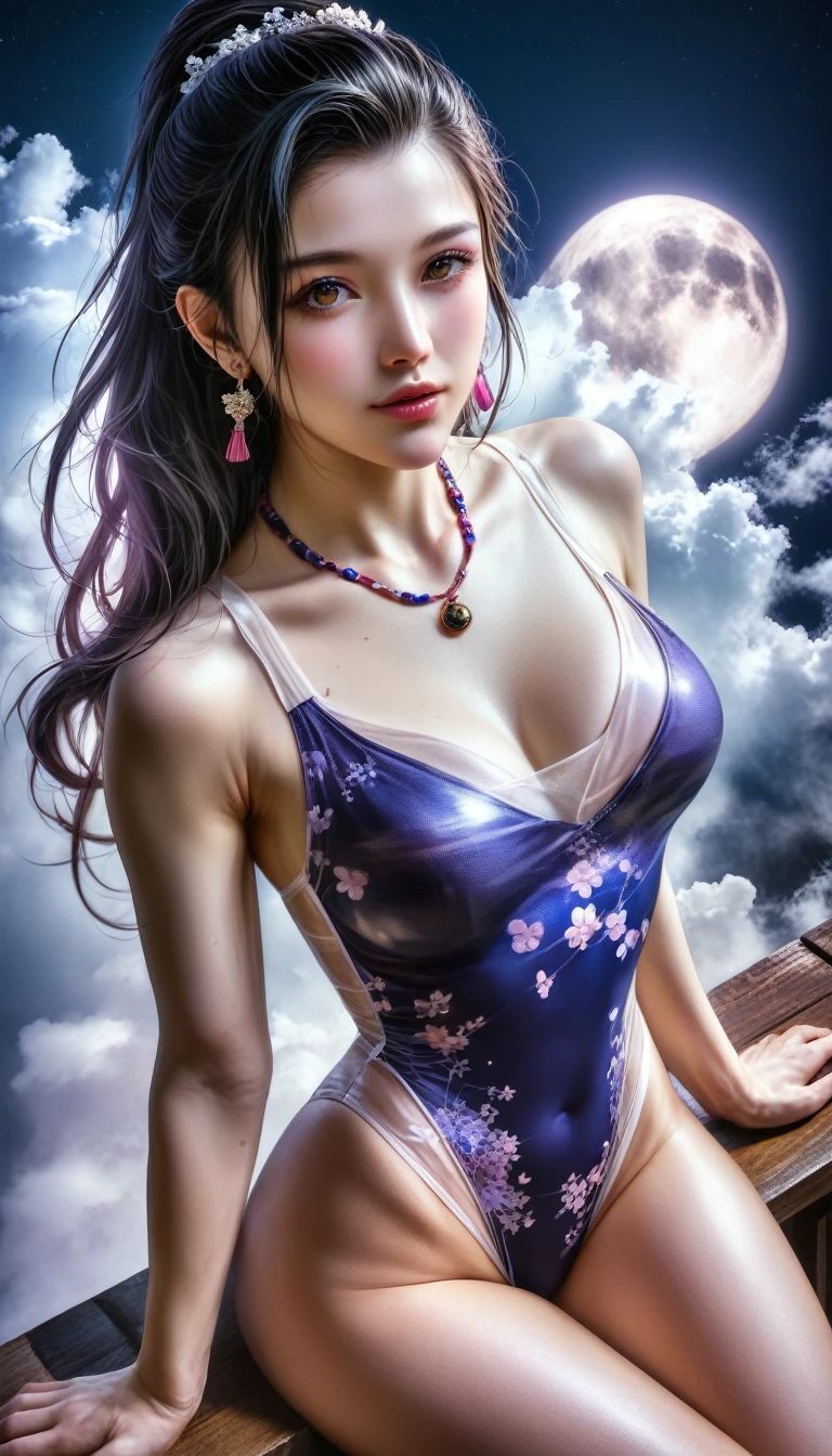 score_9, score_8_superior, score_7_superior, A masterpiece in 32K resolution,Highest quality,it is really amazing,Very detailed,Ultra-high resolution,(Ultra-realistic:1.5),(Realistic:1.5),Increased depth of field,Cinematic lighting,
(Sexy adult Japan woman:1.4),
Long black hair,Ultra-detailed and beautiful face,(Gentle expression:1.1),Translucent white skin,(Realistic skin texture:1.1),
(Sexy Swimwear:1.1),
Bold design,Artistic design,Beautiful and detailed pattern,Detailed fabric texture,
Gorgeous necklace,Earrings,
Coastline at night,(Giant Moon:1.1),(Dark clouds floating in the dark night sky:1.1),
High angle,
