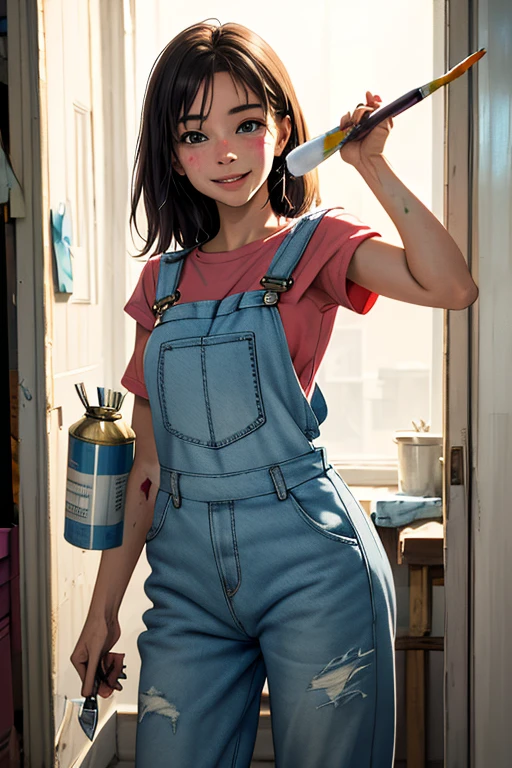 Highest quality　High resolution　Simple　White overalls work clothes　A woman holding a paint can and a brush　There is a little paint on the clothes or body.　Abandoned house　20 years old　cute　smile