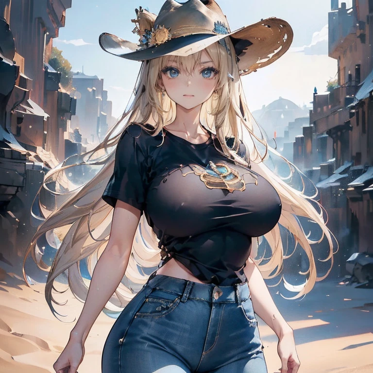 Anime Kawaii sexy Perfect Slim sensual body large breast and huge thighs, An intricate and highly detailed illustration of anime (Young girl) Maximum quality、Superior image quality、Masterpiece artwork、girl with((cute、18-years old、Better bust、medium bust、Bust 85,gorgeous blue eyes、wide open breasts,long blonde hair、A slender、Middle node、black tee,blue jeans、Enrole o cinto、serious face,cowboy hat、Cowboy Oeste))high qualiy、linda arte、Background with((Western World、desert sands)),tabletop、Elaborate Design、visual artwork、depth of fields、The best lighting、More Detailed、8k,super delicate、A little away