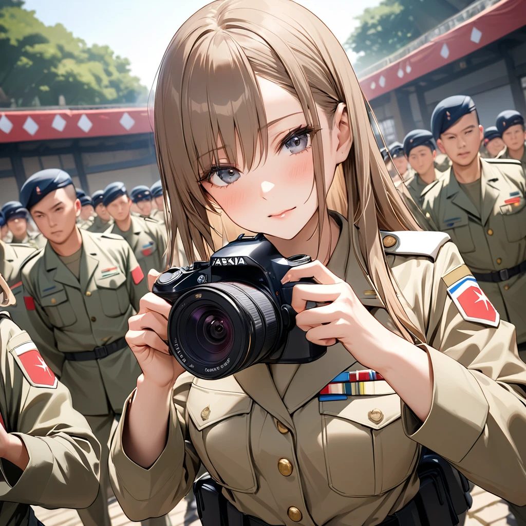 ((Highest quality)), ((masterpiece)), (detailed), （Perfect Face）、The woman is Asuna Yuki, a female member of the Japanese Self-Defense Forces. She has light brown, semi-long hair and is a female member of the Japanese Self-Defense Forces, dressed in the full khaki uniform of the Self-Defense Forces.、The woman is an exemplary member of the Self-Defense Forces and is taking part in the ceremony.、A camera angle that shows the woman&#39;s whole body