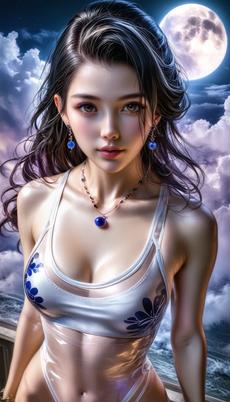score_9, score_8_superior, score_7_superior, A masterpiece in 32K resolution,Highest quality,it is really amazing,Very detailed,Ultra-high resolution,(Ultra-realistic:1.5),(Realistic:1.5),Increased depth of field,Cinematic lighting,
(Sexy adult Japan woman:1.4),
Long black hair,Ultra-detailed and beautiful face,(Gentle expression:1.1),Translucent white skin,(Realistic skin texture:1.1),
(Sexy Swimwear:1.1),
Bold design,Artistic design,Beautiful and detailed pattern,Detailed fabric texture,
Gorgeous necklace,Earrings,
Coastline at night,(Giant Moon:1.1),(Dark clouds floating in the dark night sky:1.1),
High angle,