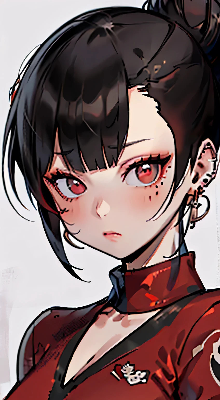 Amazing portrait of a sexy woman with her hair tied back in a high bun with her eyes emphasised by smokey eyeliner gazing at us seductively with her perfect lips parted wearing a red dress with black laces and fishnets