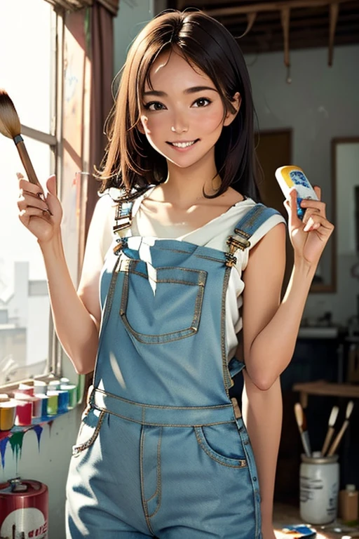 Highest quality　High resolution　Simple　White overalls work clothes　A woman holding a paint can and a brush　There is a little paint on the clothes or body.　Abandoned house　20 years old　cute　smile