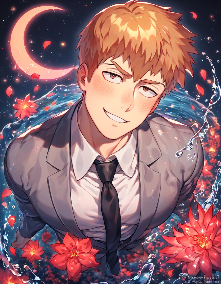 absurdres, highres, ultra detailed, HDR, master piece, Reigen Arataka, reddish-blond hair, short hair, expressive dark brown eyes, dark grey business suit, black necktie, mob Psycho 100, sexy man, handsome, best quality, red glittering crescent moon, red flowers, fantasy, magical, solo, water, red shining fireflies, red petals, sensual, horny, manly man, handsome smile,