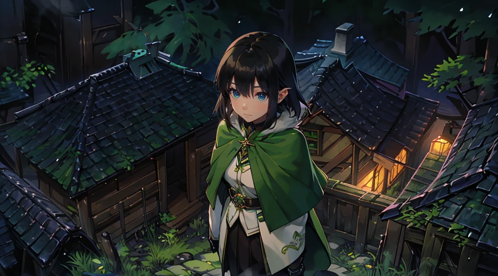 yuichiro hyakuya girl, (WithoutFear:1), 1 girl, black hair, green eyes, brown coat, gray armor, elves, sylvan, green shield, green cloak, dark brown gloves, forest, white fur trim, anime, standing, good quality, portrait, looking at viewer