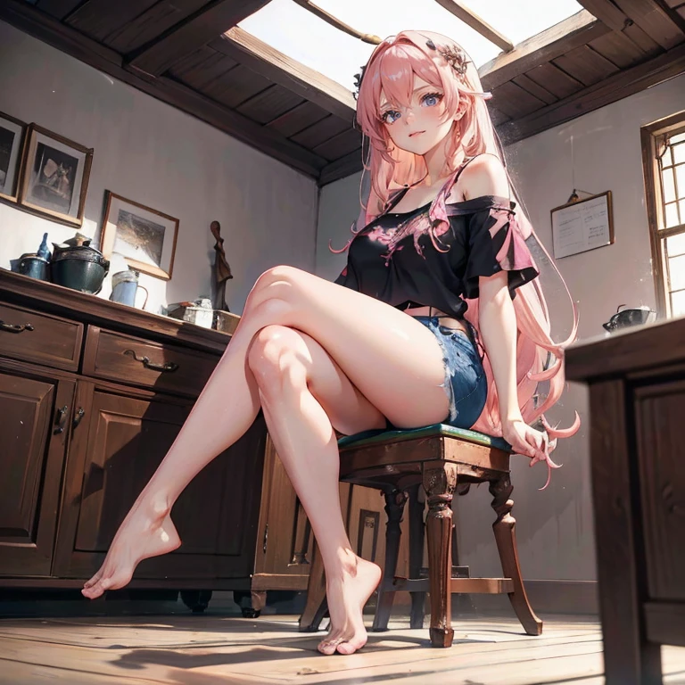 Anime Kawaii sexy Perfect Slim sensual body large breast and huge thighs, An intricate and highly detailed illustration of anime (Young girl) 一个女人sitting on a stool露出她臭脚的low angle，sitting on a stool，low angle，正面，bare feet，focus on feet，Pink off-shoulder t-shirt，There are bangs between the eyes，long hair，chestnut hair，shorts jeans，anatomically correcte, There is a huge yellow five-pointed star clip in her hair，pink eyes，eyes for details，pretentious smile，look at the audience，point-blank，wide angle lens，perspective drawing, two feet，simetria bilateral