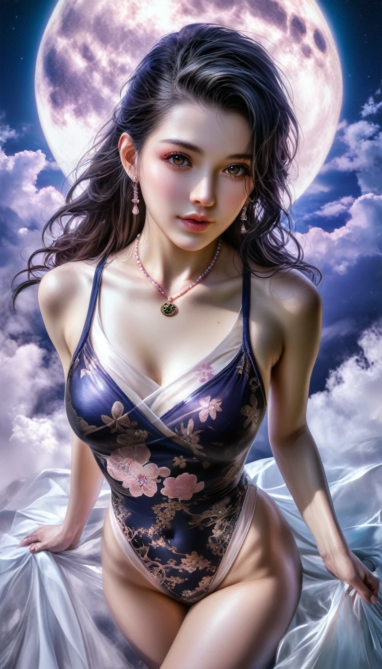 score_9, score_8_superior, score_7_superior, A masterpiece in 32K resolution,Highest quality,it is really amazing,Very detailed,Ultra-high resolution,(Ultra-realistic:1.5),(Realistic:1.5),Increased depth of field,Cinematic lighting,
(Sexy adult Japan woman:1.4),
Long black hair,Ultra-detailed and beautiful face,(Gentle expression:1.1),Translucent white skin,(Realistic skin texture:1.1),
(Sexy Swimwear:1.1),
Bold design,Artistic design,Beautiful and detailed pattern,Detailed fabric texture,
Gorgeous necklace,Earrings,
Coastline at night,(Giant Moon:1.1),(Dark clouds floating in the dark night sky:1.1),
High angle,