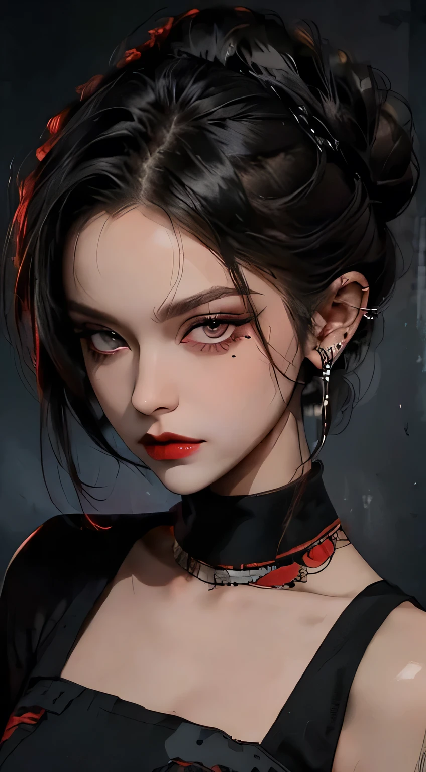 Amazing portrait of a sexy woman with her hair tied back in a high bun with her eyes emphasised by smokey eyeliner gazing at us seductively with her perfect lips parted wearing a red dress with black laces and fishnets