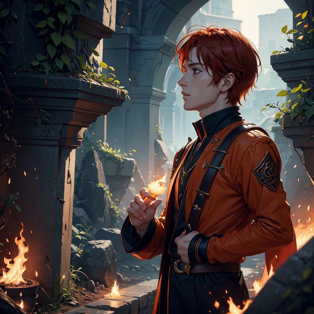 A man with orange hair, sorcerer and prince of fire, with red brown hair, captured in a profile angle. The image must be extremely detailed and hyper-realistic, With dramatic cinematic lighting. Use a Nikon D850 and Kodak Portra 400 F1 film with a 6-lens camera for full 8K HD resolution. The face must be realistic, symmetrical and detailed, with fine texture and lighting that highlights the depth and details of the trunk
