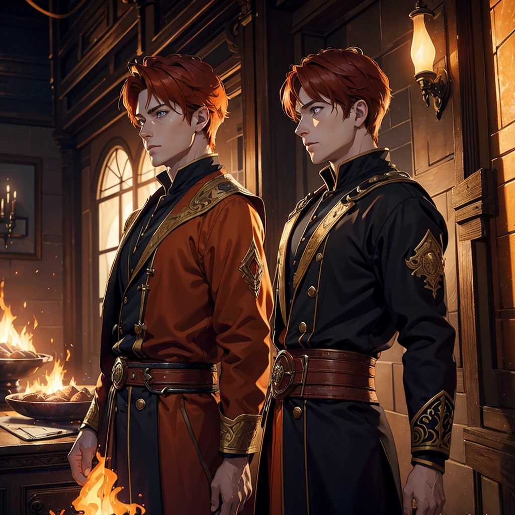 A man with orange hair, sorcerer and prince of fire, with red brown hair, captured in a profile angle. The image must be extremely detailed and hyper-realistic, With dramatic cinematic lighting. Use a Nikon D850 and Kodak Portra 400 F1 film with a 6-lens camera for full 8K HD resolution. The face must be realistic, symmetrical and detailed, with fine texture and lighting that highlights the depth and details of the trunk