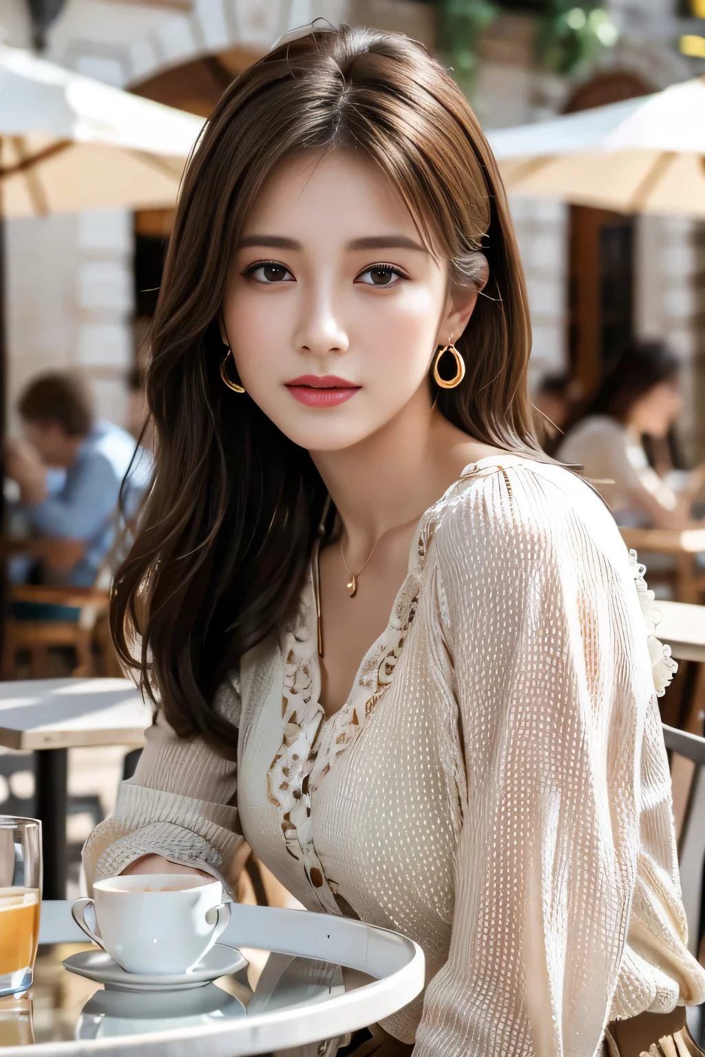 masterpiece, Highest quality, Realistic, Very detailed, Finer details, High resolution, 8k wallpaper, One beautiful woman,Wear a nice blouse, On the terrace of a lovely cafe, at noon, Light brown messy hair, Perfect dynamic composition, Beautiful and beautiful eyes、Big earrings、