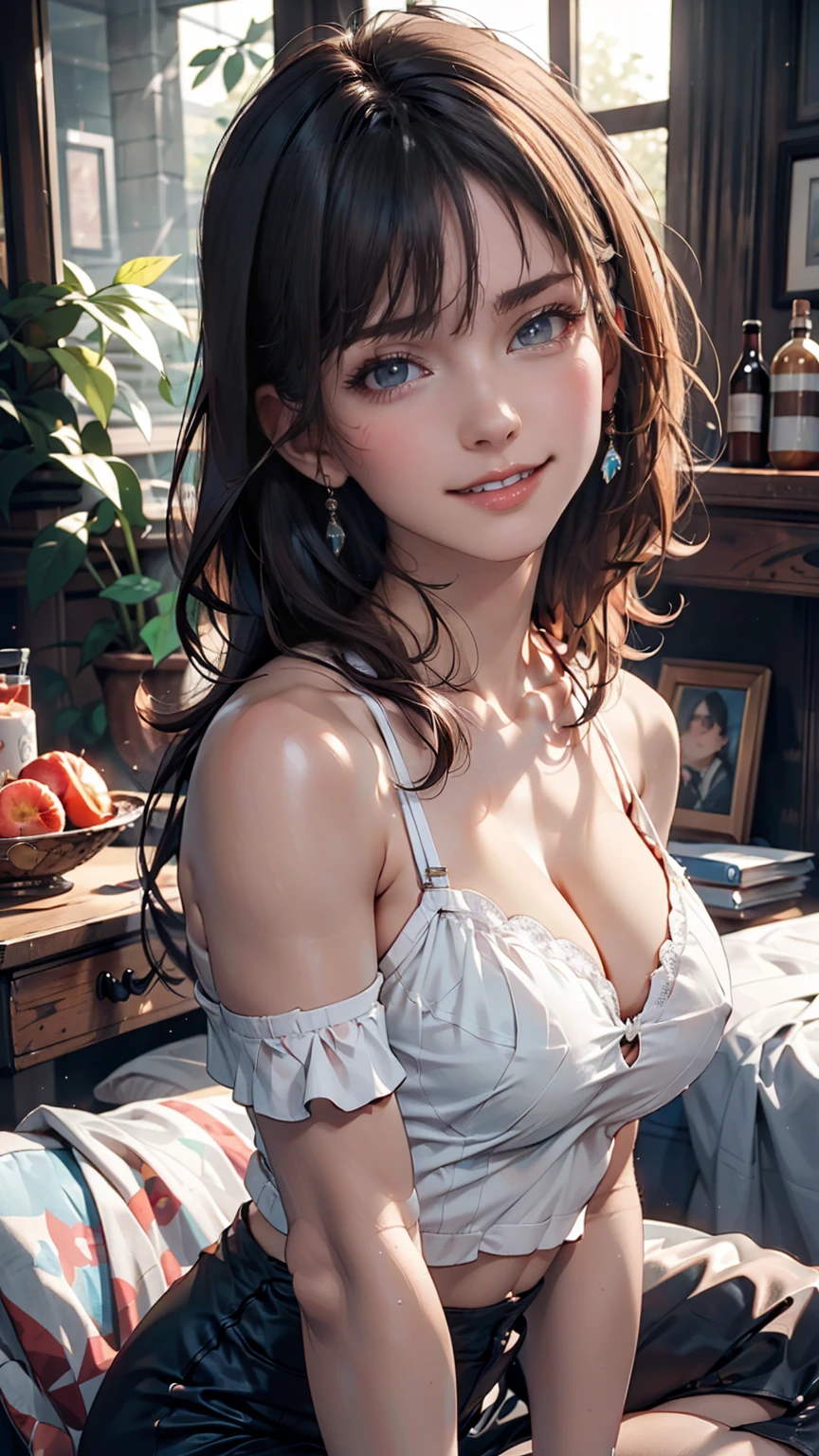 (masterpiece, Highest quality:1.2), (High resolution, Abstract:1.1), Super detailed, One girl, Cute pose, A see-through camisole, Off the shoulder, Lips parted, smile, blush