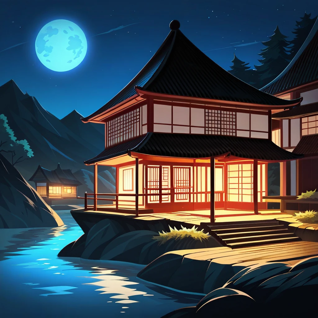 river, night, Surrounding trees々, blue night, Japanese village houses seen in the distance々,