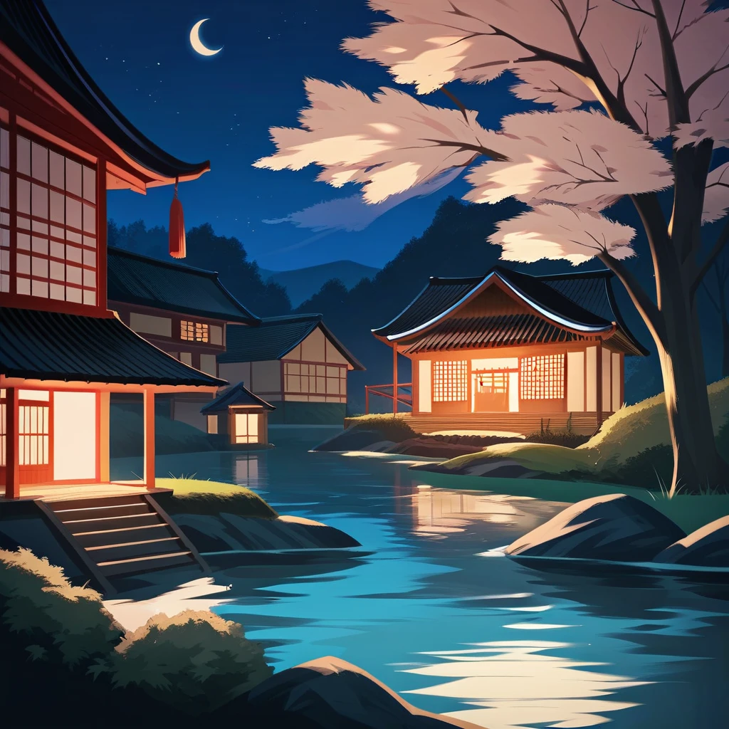 river, night, Surrounding trees々, blue night, Japanese village houses seen in the distance々,