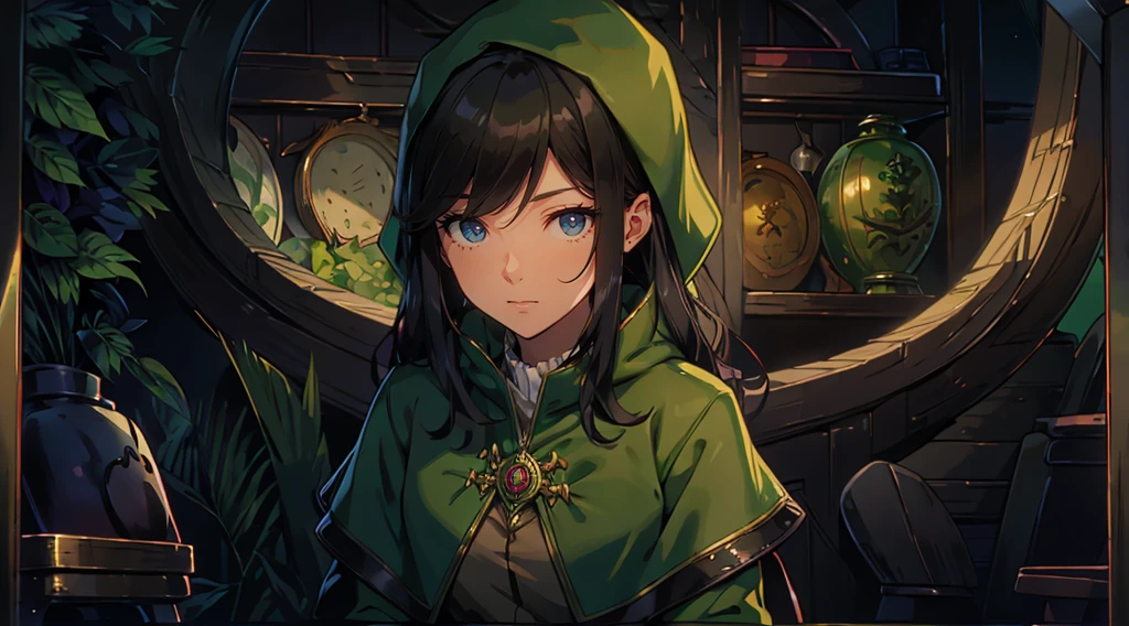 yuichiro hyakuya girl, (WithoutFear:1), 1 girl, black hair, green eyes, brown coat, gray armor, elves, sylvan, green shield, green cloak, dark brown gloves, forest, white fur trim, anime, standing, good quality, portrait, looking at viewer