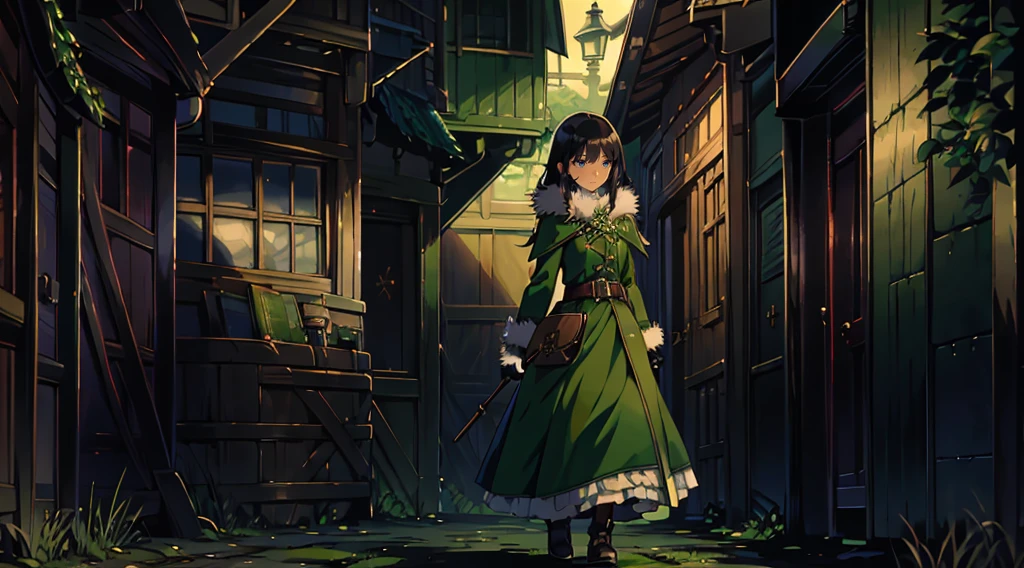 yuichiro hyakuya girl, (WithoutFear:1), 1 girl, black hair, green eyes, brown coat, gray armor, elves, sylvan, green shield, green cloak, dark brown gloves, forest, white fur trim, anime, standing, good quality, portrait, looking at viewer
