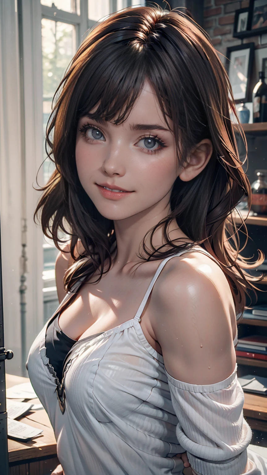 (masterpiece, Highest quality:1.2), (High resolution, Abstract:1.1), Super detailed, One girl, Cute pose, A see-through camisole, Off the shoulder, Lips parted, smile, blush