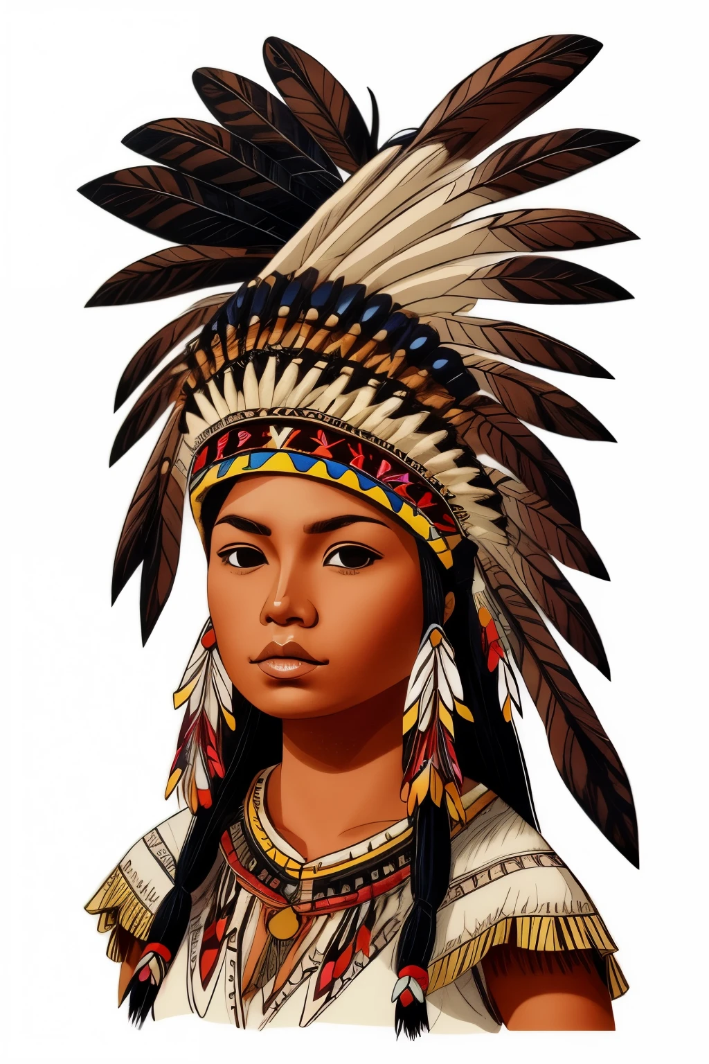 Draw an American Indian, Iroquois, maculino, headdress, with typical characteristics represented through traditional costumes and accessories. The image must be detailed enough to color, in black and white and fine lines.