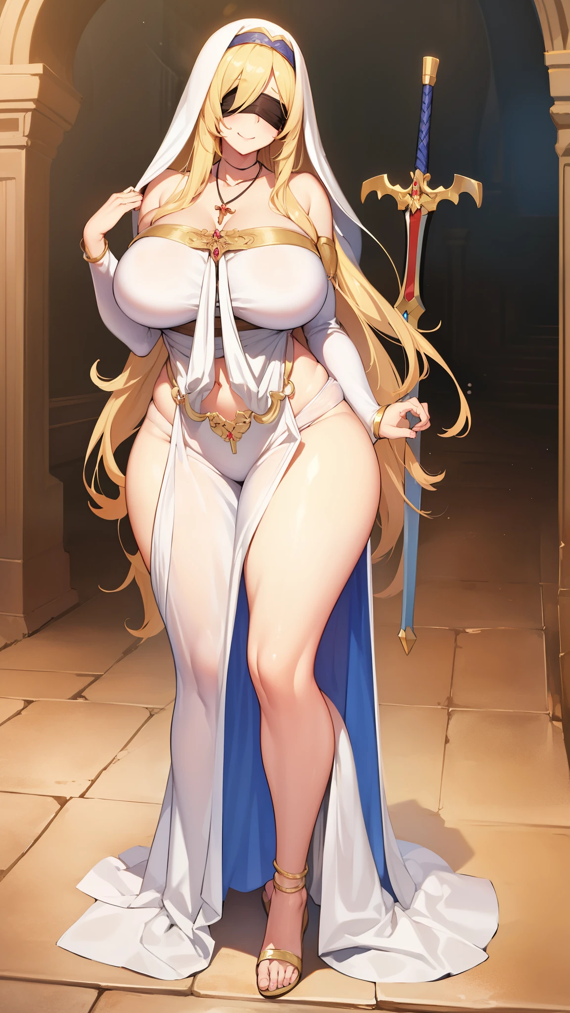 wide hips, smile, SwordMaidenNDV, 1girl, blonde hair, large breasts, long hair, white dress, black blindfold, necklace, habit,,full body,standing