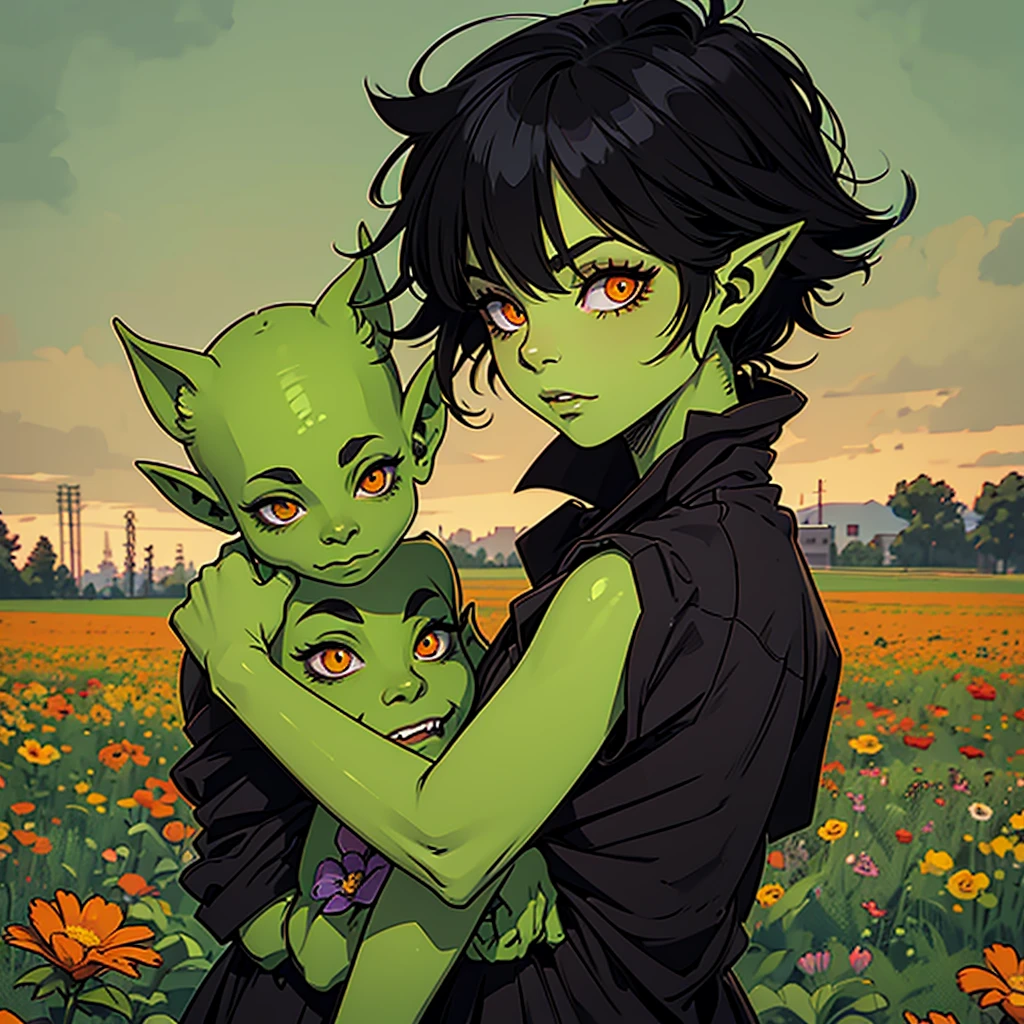 A LITTLE GOBLIN GIRL, green skin, black hair, orange eyes, long ears, , wearing rags. In a field with flowers