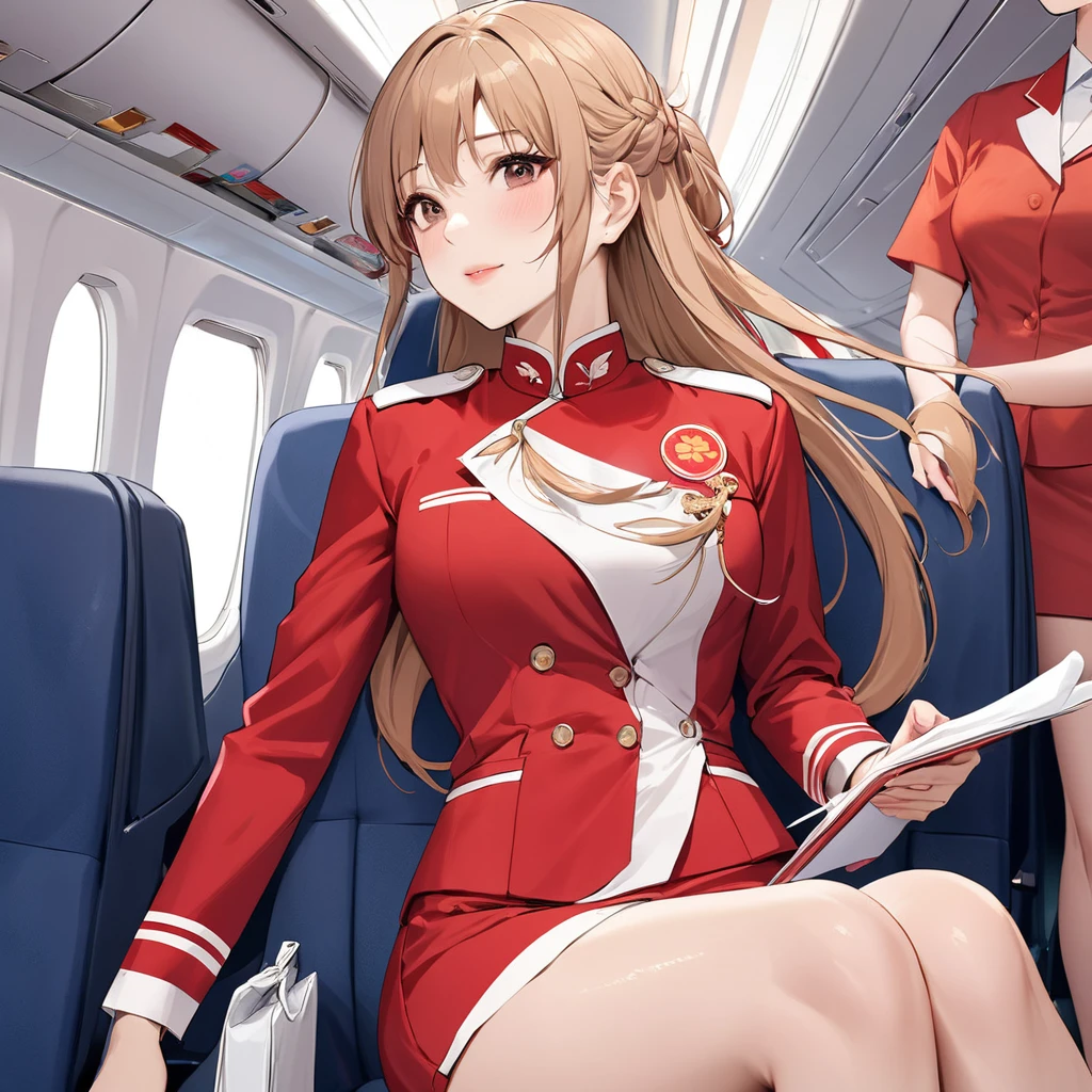 ((Highest quality)), ((masterpiece)), (detailed), (Perfect Face)、The woman is a Chinese flight attendant for Air China, named Yuuki Asuna, with light brown, medium-long hair.、The woman is wearing the red uniform of an Air China flight attendant.、The woman is a special flight attendant for the honorable Chinese Communist Party members, and she dresses up beautifully to serve them.、The woman is a first-class passenger, and is the exclusive host and entertainer of a dignified elderly man who is a member of the Chinese Communist Party.