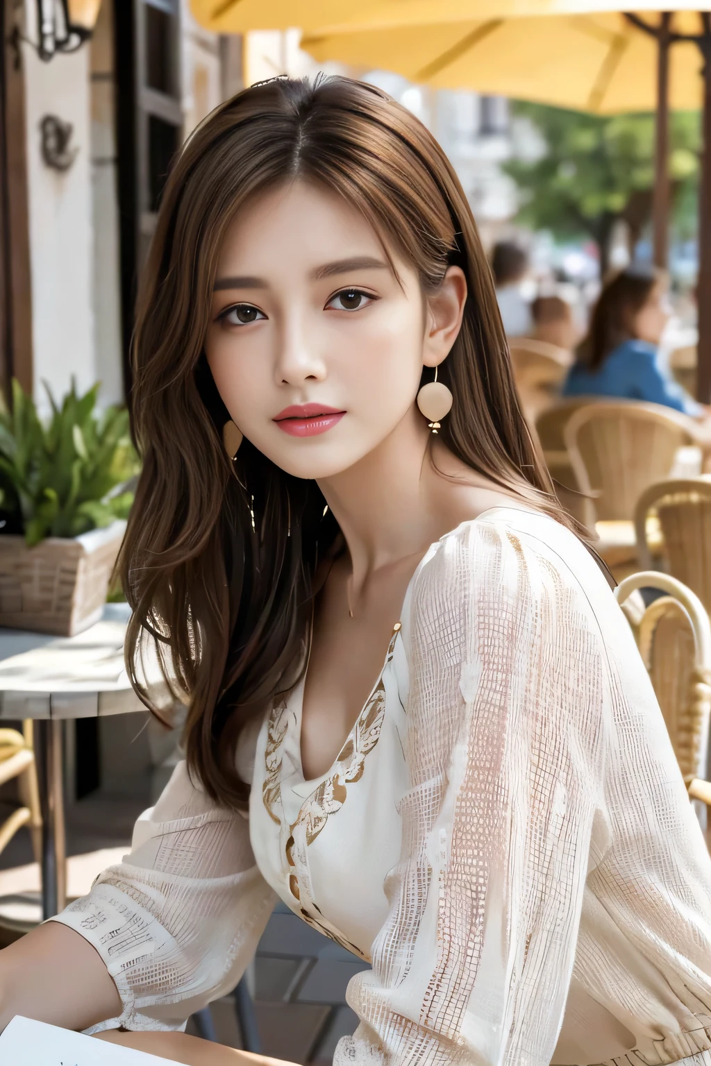 masterpiece, Highest quality, Realistic, Very detailed, Finer details, High resolution, 8k wallpaper, One beautiful woman,Wear a nice blouse, On the terrace of a lovely cafe, at noon, Light brown messy hair, Perfect dynamic composition, Beautiful and beautiful eyes、Big earrings、