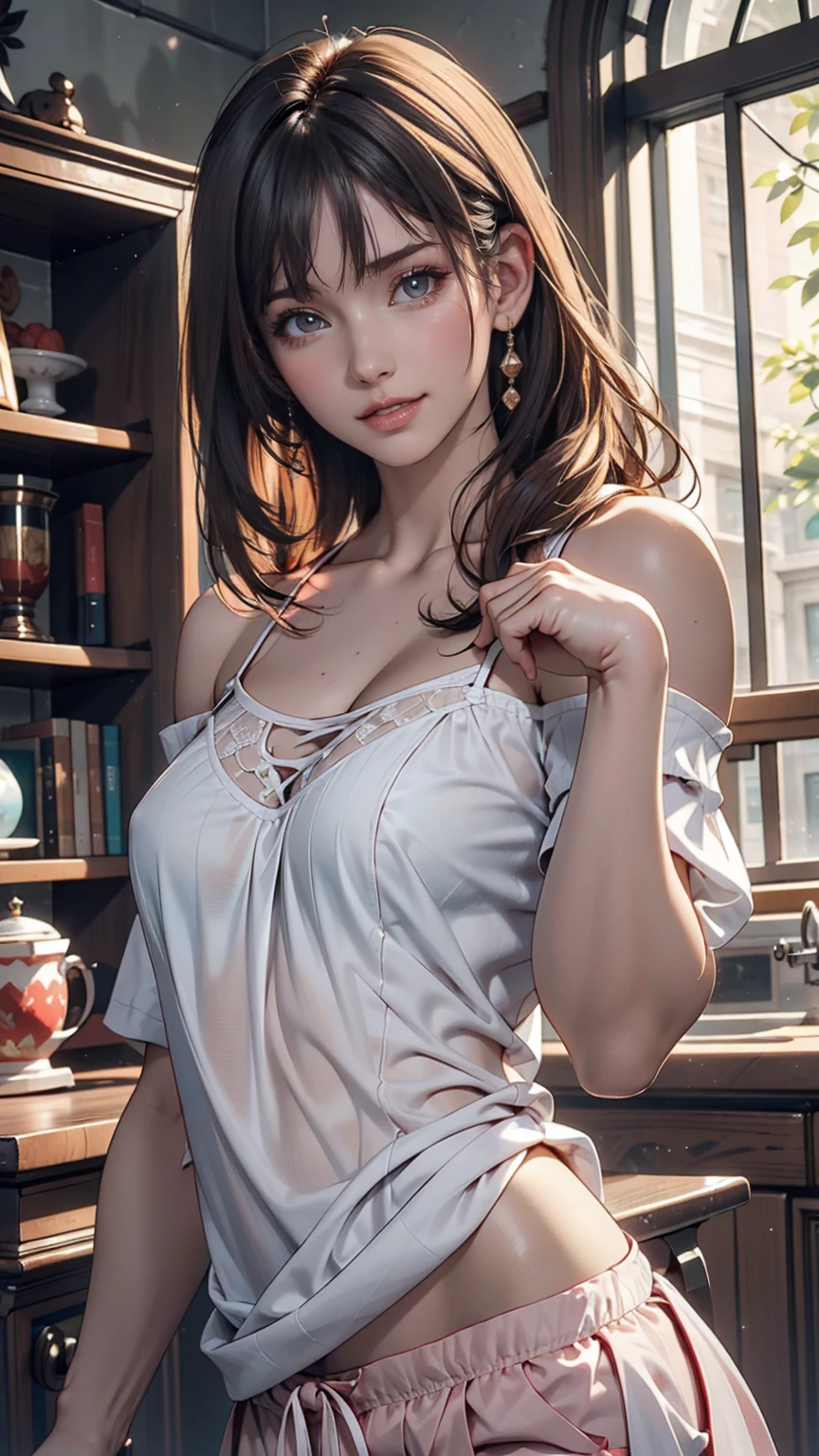 (masterpiece, Highest quality:1.2), (High resolution, Abstract:1.1), Super detailed, One girl, Cute pose, A see-through camisole, Off the shoulder, Lips parted, smile, blush