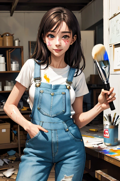 Highest quality　High resolution　Simple　White overalls work clothes　A woman holding a paint can and a brush　There is a little paint on the clothes or body.　Abandoned house　20 years old　cute　smile